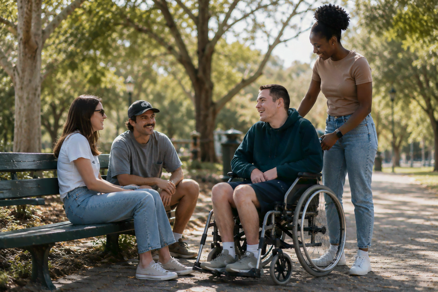 Disability support worker helping a participant engage with the community outdoors