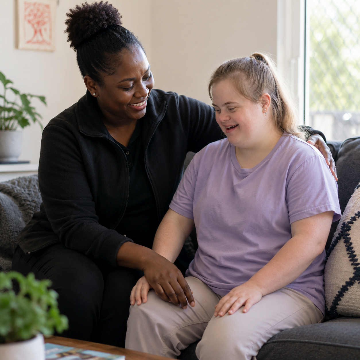 Support worker and participant walking together in the community